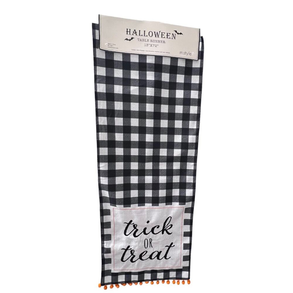 72" Trick or Treat Halloween Buffalo Plaid Table Runner Decoration Orange Trim
